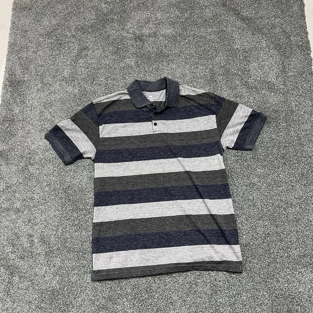 Red Rhino Polo Shirt Mens Medium Gray Blue Striped Short Sleeve Casual Polo